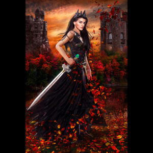 illustration of a woman with a dark dress and fall leaves around her
