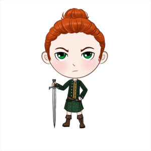 illustration of someone with orange hair and a green outfit with a sword