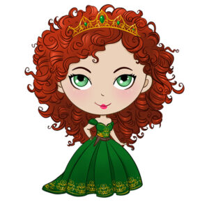 Illustration of a woman with red curly hair and a green dress