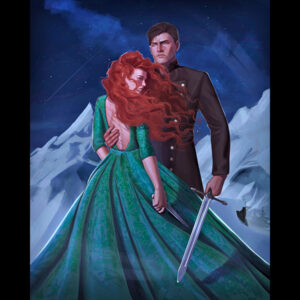 Illustration of a woman with red hair in a green dress and a man with a sword on a mountain