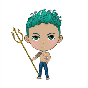 illustration of a man with teal hair and a trident