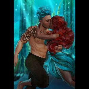 illustration of a man and woman embracing underwater