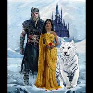 illustration of a man, woman and tiger in snow with a castle