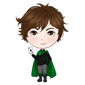 illustration of a man with brown hair and a green cape