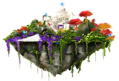 A floating island with bright trees and buildings