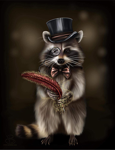 illustration of a raccoon with a top hat, monocle and magic quill