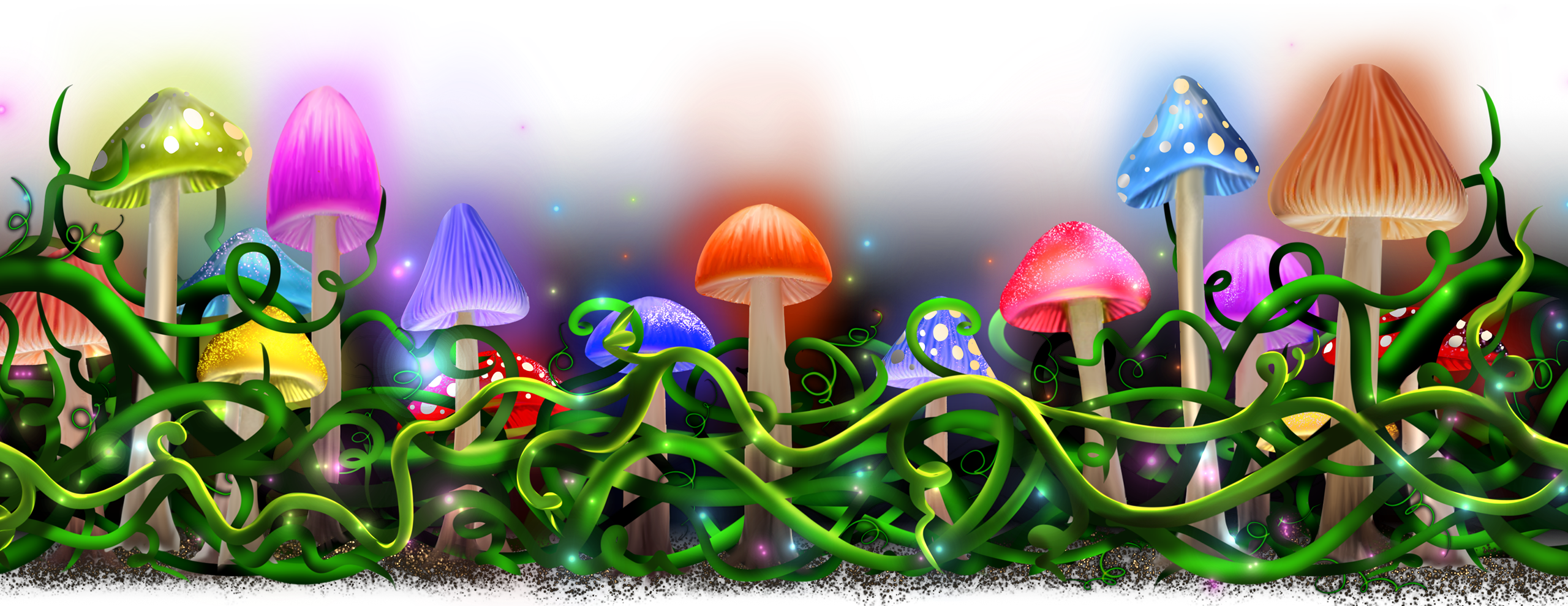 Colored mushrooms on top of vines